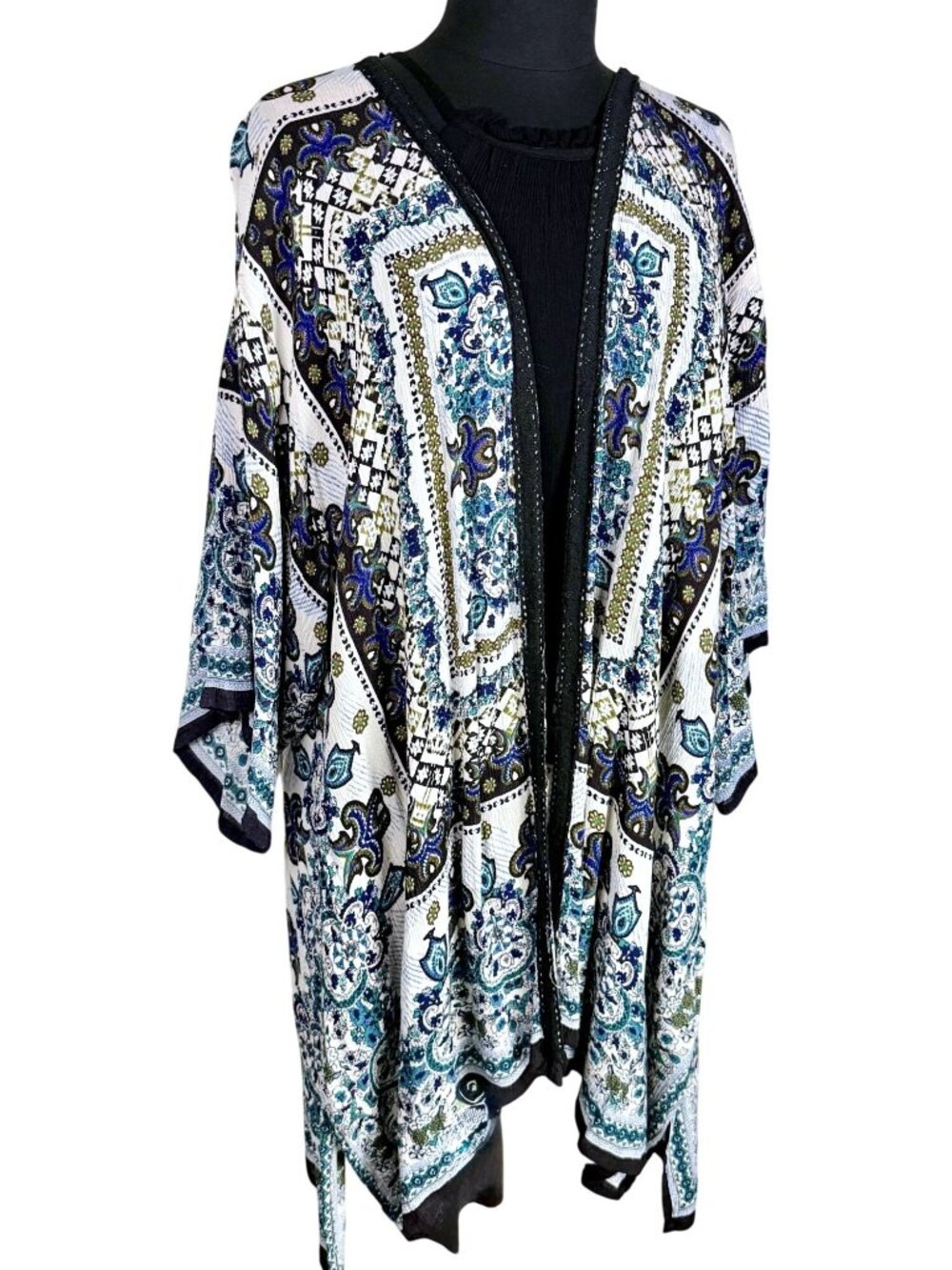 Blue Paisley Boho Kimono Resort Beach Cover Up Poolside Duster NWT M/L